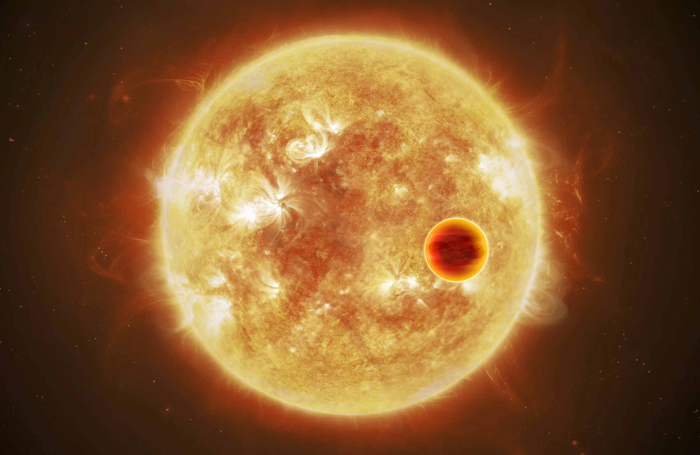 Um planeta quente transita em frente à sua estrela mãe nesta impressão artística de um sistema de exoplanetas.